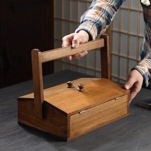 กล่องใส่ของมีที่หิ้ว กล้องใส่ของไม้เนื้อแข็งพกพาสะดวกด้วยฝาปิดพร้อมตะกร้า ใส่ผักผลไม้ สำหรับใส่อาหารขนาดเล็ก