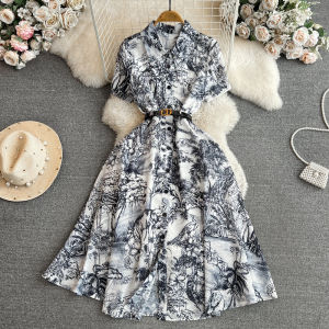 Thanh Lịch Thời Trang Sành Điệu Bẻ Tay Ngắn Bẻ Tay Ngắn Cổ Áo Bị Móc Eo Dáng Chữ A Lụa In Tranh Đầm Sơ Mi Dài Váy