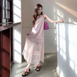 Karrar betsey | Gentle Sophisticated Pink Sleeveless Vest Dress Mesh Spliced Long Skirt