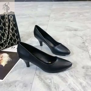 [LS] 2 inches Black Shoes with High Heels Pointed Toe Comfortable Soft Skin Office School Shoes for Women