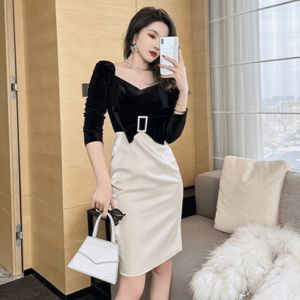 Velvet Patchwork Bodycon Dress with Bow Knot High Waist Long Sleeve Autumn Winter Womens Fashion Elegant Fake Two-Piece Gown