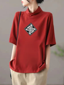 100% Pure Cotton Short Sleeve T-Shirt Womens Loose Slim Looking Spring and Summer Korean New Half Turtleneck Print Pullover 100% Cotton Top