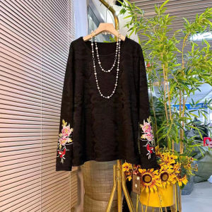 plus Size Womens Embroidered Flower Sleeve Long Sleeve Base Shirt Casual Vintage Style All-Match Slimming Top Cotton Polyester