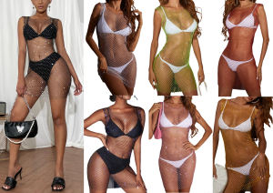 Váy Lưới Khoét Kim Cương Gợi Cảm Cho Nữ Váy Ngắn Mùa Hè Cổ Tròn Không Tay Váy Lưới Một Bước