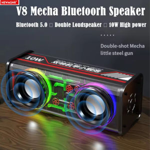 TWS V8 Transparent Mecha Powerful Speaker RGB Light Bluetooth Wireless Surround Bass Subwoofer Music Mini Home Party Loudspeaker