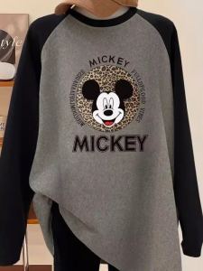 เสื้อยืดแขนยาวบุขนแกะหนาสำหรับผู้หญิง เสื้อชั้นในทรงหลวม ทรงคลาสสิก ฤดูใบไม้ร่วง/ฤดูหนาว เสื้อชั้นในลายการ์ตูน