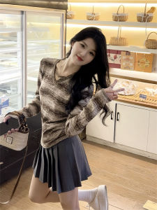 Sweet Style Loose Knitted Long Sleeve V-Neck Striped Base Layer T-Shirt for Girls Casual Daily Wear Comfortable Polyester Fiber