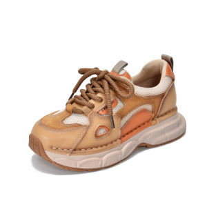 Womens Outdoor Casual Leather Dad Shoes Spring 2025 New Style Color Block Lightweight Knot Tied Sporty Fashion Sneakers