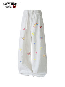 CHARLES JANGS HAPPY HEART | Textured Ice Silk Lightweight Printed Trousers