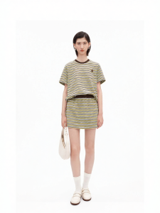Color-Block Smiley Face Cotton Blend Stripe Short Sleeve T Shirt