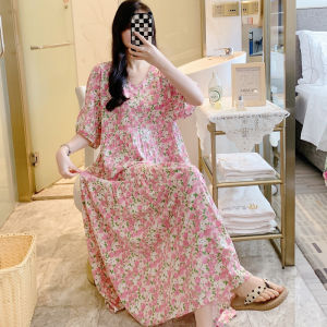 Lightweight Cotton Silk Long Sleeve Dress Womens Summer Thin Large Size Loose Ultra Long Beach Skirt Artificial Cotton Nightgown
