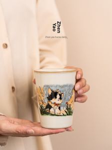 Large Size Ceramic Ceremonial Tea Cup Panda Single Cup Gongfu Tea Set Gift Box Vintage Style Handmade Dehua Ceramic Cat Mug