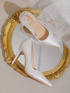 Elegant French Style High Heels Womens Fashion Single Shoes Slip-On Wedding Dress White Bridal Shoes Thin Heel Low Cut