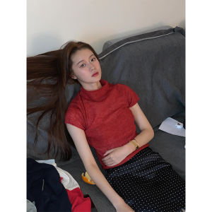 Pure Desire Red Half High Collar Short Sleeve T-Shirt Womens Summer Fashionable Casual Slim Fit Classic Pattern Top