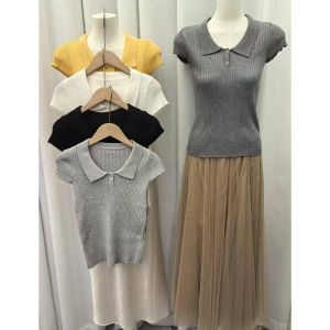 YUEZHONGWEI | Dopamine Yellow Polo Neck Knitted Short Sleeve T-Shirt Women Summer Slim Fit Short Style Top Korean Version Solid Color Pure Color