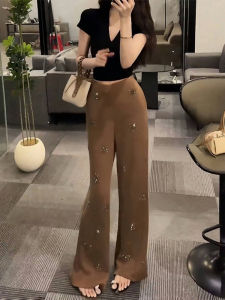 Shalldoer | Bộ đồ hai mảnh phong cách Hàn Quốc thanh lịch mùa hè cho nữ Áo thun tay ngắn cổ chữ V Quần ống rộng đính kim cương