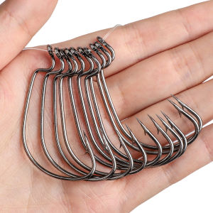 50pcs/ Set Fishing Hook Carbon Steel Wide Crank Offset Fishhook For Soft Worm Lure 5/0#-1# Bass Barbed Carp Fishing Hooks