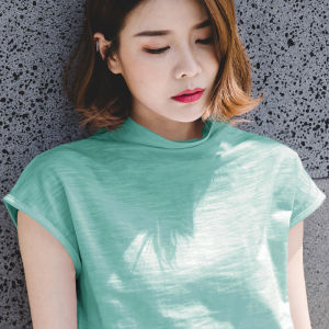 Summer Slub Cotton Loose Short Sleeve T-Shirt Womens Clothing K-style Half-Sleeved Blouse Plus Size Pure Cotton Half Turtleneck Bottoming Shirt