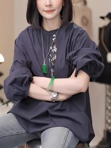 Spring Fashion round Neck Sequin Shirt Womens Short Front Long Back Loose Fit Elegant Versatile European Design Casual Shirt