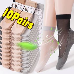 10Pairs Short Socks for Women / Summer Ultra Thin Ankle Socks / Non-Slip Bottom Splice Cotton Sock / Elastic Silky Short Sock