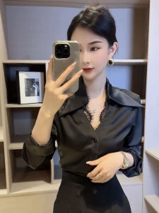 YAOMUHUA | Lace Satin V-Neck Shirt Long Sleeve