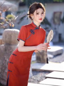 Su Jin 2025 Spring Summer New Long Red Wedding Engagement Ceremony Dress Elegant Lady Cheongsam Embroidered Satin Floor Length