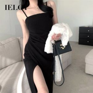 IELGY เดรสเข้ารูปสไตล์เกาหลีของผู้หญิงเดรสกระโปรงมีสายเอี๊ยมยาวปานกลางผ่าหน้าสีพื้น