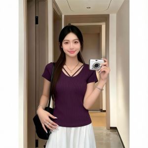 AIYITI | Stylish Purple V-Neck Short-Sleeved Top For Curvy Women