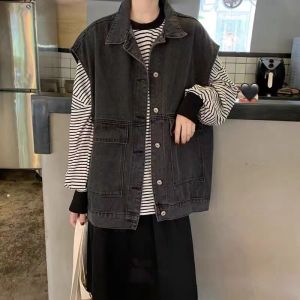 Spring Autumn 2026 plus Size Womens Denim Vest Loose Fit Sleeveless Outerwear Trendy Polo Collar Cotton Lined Solid Color
