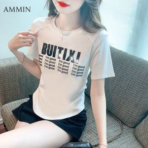 Ammin Áo thun cotton thường ngày ngắn tay in họa tiết chữ thời trang vòng cổ đơn giản mùa hè mới phiên bản Hàn Quốc nữ thoải mái thon và áo blouse thanh lịch