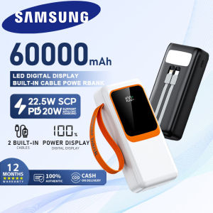 Samsung Power Bank 60000mAh Portable High Capacity 22.5W Super Fast Charging Built-in 2 Cables With LED Display Flashlight