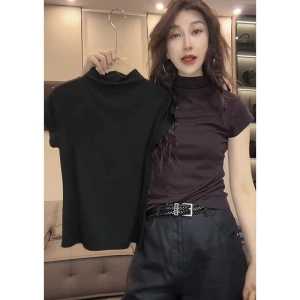 Short Sleeve T-Shirt Womens Summer New Style Versatile Slimming Half High Collar Inner Wear Base Shirt Spicy Short Top
