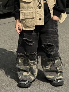 Cool Camouflage Fashionable Jeans for Boys Spring New Style Street Dance Style Fake Two-Piece Baby Stylish Casual Long Pants
