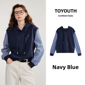 Toyouth | Womens Faux Two-Piece Striped Air-Cotton Embroidered Long Sleeve Hoodie