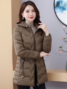 Womens Autumn Winter Thickened Slim Fit down Cotton Jacket Warm Outerwear Mid-Length Zipper Closure Hooded Nylon Fabric Coat