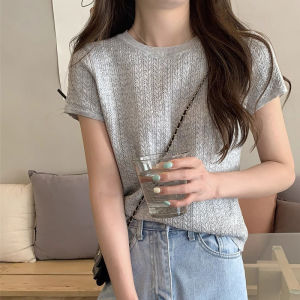 ⚜SF Twists Hollow-out Round Neck Knitwear Women Short Sleeved Knitwear Versatile Thin Short Top