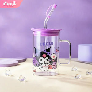 For Sanrio Straw Glass Cups Cartoon 600ML Hello Kitty Water Cup with Scale＆Handle Kuromi Transparent Coffee Mug Home Drinkware