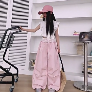 กางเกงคาร์โก้เด็กผู้หญิง กางเกงขายาวเด็ก เวอร์ชั่นเกาหลี เวอร์ชั่นเกาหลี ลูกไม้ เอวยางยืด【จัดส่งจากประเทศไทย】