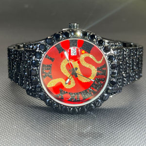 MissFox | MISSFOX Hip Hop Men Watches Luxury Quartz Movement Black Wristwatch Year Of Snake Diamond Ice Out Watch For Man Gift Hot Sale