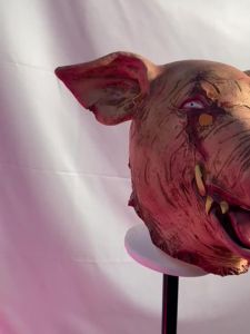 Lifelike Scary Pig Head Mask Latex Halloween costume accessory with fangs and blood great for horror parties and costume events