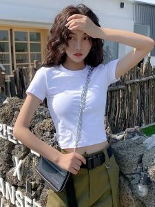 Women T-shirt Short Sleeved T-shirt with Exposed Navel High Waist Short Fitting Top White Slim Fit Pure Cotton Short Sleeved T-shirt Solid Color High Elasticity Sweet and Spicy Slim Fit and Slimming Effect