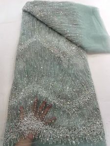 2026 Nigerian Bridal Handmade Beaded Lace Fabric France Sequins Embroidery Beads Mesh Lace Fabric for Wedding Party Dress Sewing