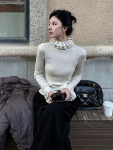 YUEZHONGWEI | French Lace Collar Long Sleeve Slim Fit Knit Base Layer Top