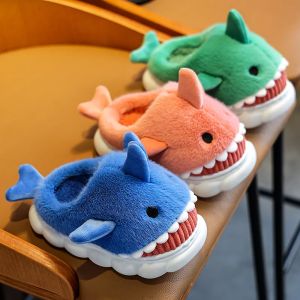 Cute Cartoon Shark Cotton Slippers Childrens Non-slip Soft Sole Slides Kids Girls Baby Boys Winter Warm Plush Home Shoes Kawaii