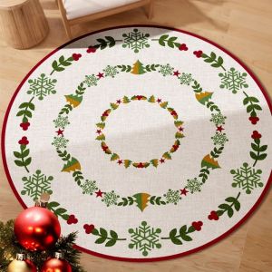 VIKAMA Christmas Theme Round Rug Reindeer Christmas Tree Pattern Living Room Rug Christmas Ambience Decoration