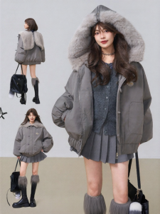 Keiko | Áo Khoác Ngắn Thời Trang Có Mũ Quilted Dày Cổ Lông Giả