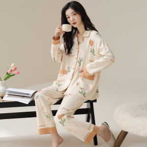 Miiow | Pure Cotton Sleepwear Womens Long Sleeve Oversized Home Clothes Spring Autumn Cute Cartoon Print Comfortable Breathable Set