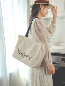 Large Capacity Canvas Tote Bag Womens Commuter Zipper Closure Letter Pattern Urban Simple Style Soft Shoulder Bag for Casual Use