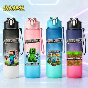 Bandai | 800ML Minecraft Sports Water Bottle with Straw Portable Rope Water Cup Leakproof Drinkware Gym Fitness Jugs