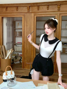 Q Female New Lady/Golden Wind Transparent Feeling Contrast Color Little-Girl Style Clothes Unique Chic Anti-Aging Top Two-piece Set